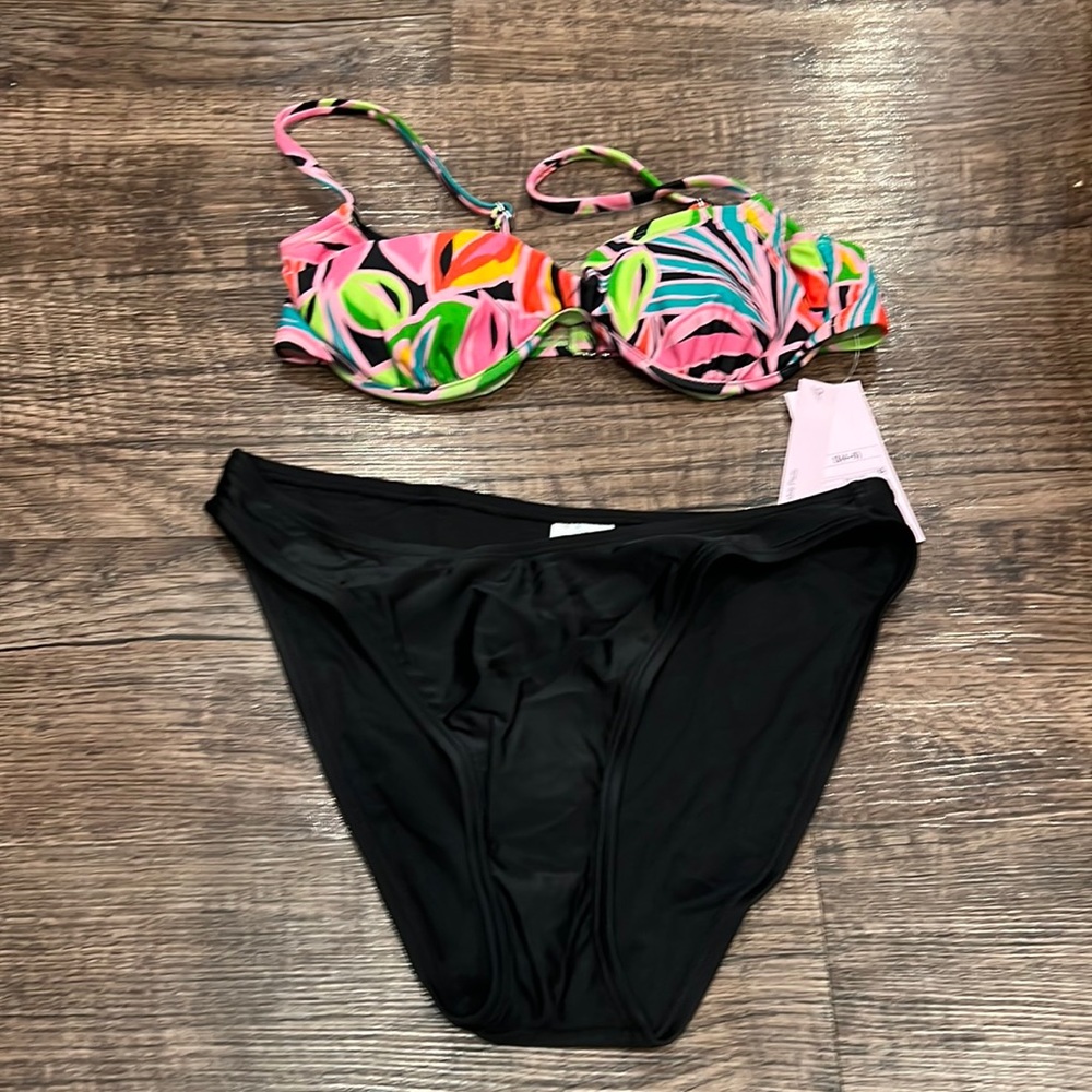 NEW! Wild fable tropical print underwire bikini bralette top and black bottoms